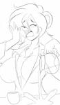 anthro big_breasts breasts cleavage clothed clothing eyes_closed female hair open_mouth shirt solo topwear yawn mastergodai breya lemur mammal primate strepsirrhine 2015 black_and_white hi_res line_art monochrome