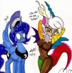 2013 antler blue_eyes blush breasts crossgender dialog discord_(mlp) draconequus duo english_text equine female feral flirt flirting friendship_is_magic hair helmet horn horse male my_little_pony necklace newyorkx3 plain_background pony pose princess_luna_(mlp) red_eyes sparkles text white_hair wing_boner winged_unicorn wings
Rating: Questionable
Score: 13
User: 2DUK
Date: September 30, 2013