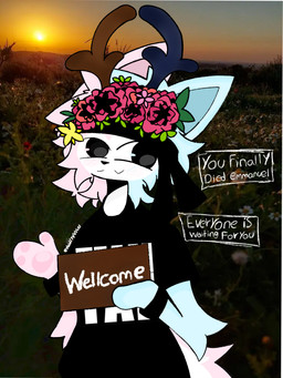 accessory anthro antlers blue_body clothing ears_up flower flower_in_hair hair hair_accessory happy horn male paws pink_body plant scut_tail shirt short_tail smile solo tail text topwear voidlyvessel pixile_studios super_animal_royale coffepancacke_(voidlyvessel) deer mammal super_cotton_candy_deer_(sar) super_deer_(sar) 3:4 absurd_res hi_res