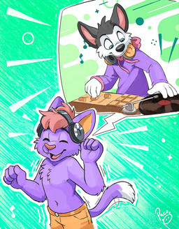 anthro bottomwear cheek_tuft chest_tuft clothed clothing cutaway electronics eyes_closed facial_tuft fangs front_view fur grey_body grey_fur hair happy head_tuft headphones logo male open_mouth open_smile orange_bottomwear orange_clothing orange_pants pants purple_body purple_clothing purple_fur purple_tail purple_topwear red_hair simple_background smile standing tail teeth topless topwear tuft white_body white_fur white_tail young young_anthro young_male pandapaco canid canine felid mammal artist_logo signature