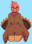 anthro areola beak big_breasts biped bra breasts clothing feathered_wings feathers female genitals kneeling looking_up nipples non-mammal_breasts pussy slightly_chubby solo thick_thighs underwear wide_hips wings sin_bruh avian bird galliform phasianid turkey digital_media_(artwork) hi_res watermark