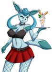 alternative_fashion anthro anthrofied beverage clothing collar female fishnet_clothing heart_print heart_symbol holding_object milkshake navel navel_piercing piercing pokemorph punk serving serving_beverage serving_milkshake solo spiked_collar spikes waiter nintendo pokemon canid eeveelution generation_4_pokemon glaceon mammal pokemon_(species) hi_res