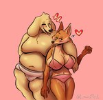 anthro arm_on_shoulder belly big_belly big_breasts blush bra breasts cleavage cleavage_overflow clothed clothing countershading duo embarrassed eyes_closed female fur happy huge_breasts leaning_on_another looking_at_another looking_away male male/female moobs orange_body orange_fur overweight overweight_male panties pink_bra pink_clothing pink_panties pink_underwear skimpy smile thick_thighs underwear underwear_only white_clothing white_underwear yellow_body yellow_fur luminared bird_dog canid canine canis domestic_dog fox golden_retriever hunting_dog mammal retriever hi_res