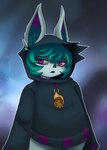 blue_body bottomless clothed clothing female frown green_hair hair inner_ear_fluff jacket lips looking_at_viewer mouth_closed not_furry purple_eyes solo topwear tuft divine_wine league_of_legends riot_games tencent vex_(lol) humanoid yordle absurd_res hi_res