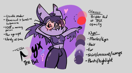 anthro blush blush_lines eyewear female_symbol gender_symbol glasses gynomorph heart_symbol intersex male_symbol notched_ear purple_body solo symbol text alternativefoot nyx_(alternativefoot) bat mammal english_text model_sheet