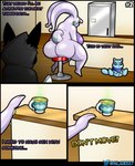 age_difference al_gx anthro beverage big_breasts big_butt breasts butt casual_nudity clothed clothing comic container cup dragon english_text fan_character female generation_1_pokemon generation_6_pokemon goo_creature goodra hi_res hood larger_female legendary_pokemon mature_female melee_weapon mew_(pokemon) milian_(mew_lindo) mythological_creature mythological_scalie mythology nintendo opal_(al_gx) pearl_(al_gx) plushie pokemon pokemon_(species) polearm possession purple_body sad scalie scythe shiny_pokemon sitting size_difference slightly_chubby slightly_chubby_female story tail tea text thick_thighs weapon wide_hips