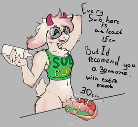 anthro blush bottomless bottomless_male clothed clothing condiment_bottle crop_top dialogue eyewear food food_fetish food_play foreskin fur genitals glasses hand_behind_head happy holding_object horn humanoid_genitalia humanoid_penis looking_at_viewer male mayonnaise measuring measuring_penis multicolored_body multicolored_fur open_mouth penis pink_body pink_fur retracted_foreskin shirt short_tail simple_background solo standing tail text three-quarter_view topwear vein veiny_penis wearing_glasses white_body white_fur ksatti deltarune undertale_(series) ralsei bovid caprine goat mammal 2025 digital_media_(artwork) english_text hi_res signature