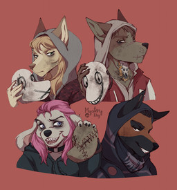 5_fingers alternate_species anthro bangs black_choker black_claws black_clothing black_eyebrows black_hair black_hoodie black_jewelry black_necklace black_nose black_topwear blonde_eyebrows blonde_hair blue_clothing blue_hoodie blue_topwear braces brown_body brown_eyebrows brown_fur brown_hair brown_nose choker claws clothed clothed_anthro clothed_female clothed_male clothing dirty eyebrows facial_scar fangs female finger_claws fingers fur furrification grey_clothing grey_hoodie grey_topwear group gums hair holding_mask hoodie jacket jewelry long_hair looking_at_viewer male mask_off mouth_closed mouth_scar neck_tattoo necklace open_mouth open_smile pink_hair pink_tongue red_background red_clothing red_gums red_jacket red_topwear scar simple_background smile tan_body tan_fur teeth text tongue toothy_grin topwear mystery.dog dead_by_daylight frank_morrison joey_cadogan julie_kostenko susie_lavoie the_legion_(dead_by_daylight) canid canine canis domestic_dog german_shepherd herding_dog mammal pastoral_dog 2022 artist_name digital_drawing_(artwork) digital_media_(artwork) english_description hi_res shaded