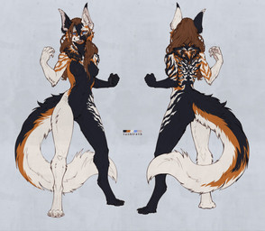 anthro big_ears black_body black_claws black_fur black_nipples blue_eyes breasts brown_hair claws ear_tuft fangs fangs_bared female fluffy fluffy_tail front_view fur grin hair long_hair long_tail medium_breasts neck_tuft nipples nude nude_anthro nude_female rear_view red_body red_fur simple_background slim smile solo standing stripes tail teeth text tuft white_body white_fur tashiroth domestic_cat felid feline felis mammal digital_media_(artwork) hi_res model_sheet