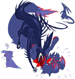 ambiguous_gender back_spines bite bite_mark black_body blood blush bodily_fluids claws duo feral feral_on_feral fur glistening glistening_body lying neck_bite on_back open_mouth pinned pinned_to_ground spiked_tail spikes spikes_(anatomy) struggling sweat tail kriddykreme rain_world videocult fan_character knight_slugcat krug slugcat hi_res