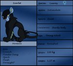 3_toes arm_tuft black_body black_fur black_tail blue_body blue_fur blue_pawpads feet female feral fur gender_symbol long_tail moveset multicolored_body multicolored_fur pawpads paws pink_nose quadruped red_sclera shoulder_tuft sitting solo stated_adult stated_age stated_gender stated_weight symbol tail text three-quarter_view toes tuft yellow_eyes yellow_inner_ear looweezah game_freak maktub_fanclub nintendo pokemon scarlet_(looweezah) generation_4_pokemon luxray mammal pokemon_(species) 2016 character_name colored digital_media_(artwork) english_text hi_res model_sheet