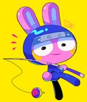 anthro blue_clothing blue_inner_ear clothed clothing fishing_rod fully_clothed fur holding_object looking_at_viewer looking_back looking_back_at_viewer male ninja pink_body pink_fur rosy_cheeks simple_background smile solo toony warrior yellow_background otoe4 animal_crossing nintendo snake_(animal_crossing) domestic_rabbit lagomorph leporid mammal oryctolagus rabbit 2020 colorful_theme full-length_portrait portrait signature