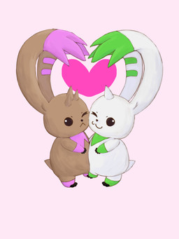 anthro beady_eyes brown_body brown_fur chibi duo fur heart_symbol horn long_ears one_eye_closed white_body white_fur wink 39mon_mon bandai_namco digimon digimon_(species) lopmon terriermon 3:4 hi_res