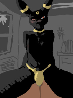 anthro black_body black_fur blush blush_lines bulge clothed clothing detailed_background dresser first_person_view flower_vase fur furniture male markings nipples offscreen_character red_eyes slim solo straddling_lap thong topless underwear vase yellow_markings burrrnt nintendo pokemon lune_(burrrnt) eeveelution generation_2_pokemon pokemon_(species) umbreon 2025 absurd_res colored digital_media_(artwork) hi_res nonbinary_(lore)