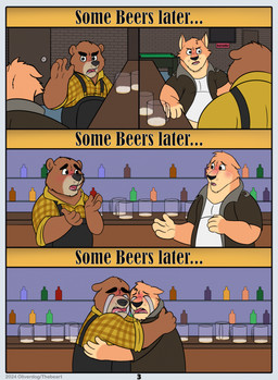 anthro apron biped black_nose bodily_fluids brown_body clothing crying duo hug humanoid_hands male shirt slightly_chubby tears text topwear thebeart brok_the_investigator cowcat_games r.j._(brok_the_investigator) sin_silver bear kangaroo macropod mammal marsupial 2024 comic english_text hi_res