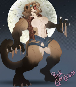 abs anthro bottomwear breasts brown_body brown_fur brown_hair claws clothing digitigrade featureless_breasts female full_moon fur glowing glowing_eyes hair medium_breasts moon muscular muscular_anthro muscular_female open_mouth outside shorts solo standing star tail thick_thighs torn_clothing transformation wide_hips pinkgoodra felid feline mammal werecat werecreature werefelid werefeline 2025 digital_media_(artwork) hi_res