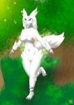 anthro areola big_breasts blue_eyes breasts detailed_background female forest fur genitals nature nipples nude outdoor_nudity outside plant pokemorph pussy running smile solo tree saucytoast nintendo pokemon generation_5_pokemon legendary_pokemon pokemon_(species) reshiram hi_res