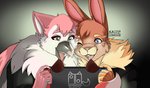 anthro duo electronics female game_console male male/female rin_takahashi_(momotorin) momotorin_(artist) nintendo nintendo_switch avian bird canid canine corvid husky_inu hybrid jay_(bird) lagomorph leporid mammal oscine passerine rabbit