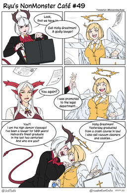 angry asymmetrical_breast_frottage base_three_layout big_breasts black_clothing black_suit black_suitcase blockage_(layout) blonde_hair breast_squish breasts breasts_frottage card clothing cross dialogue eye_contact eyelashes feathered_wings feathers female female_humanoid five_frame_image group hair half-closed_eyes halo holding_card holding_suitcase horizontal_blockage horn long_hair long_sleeves looking_at_another mole_under_eye narrowed_eyes necktie nervous nervous_smile open_mouth pale_skin paper red_horn red_tail shirt short_hair simple_background smile speech_bubble squish standing suit suitcase tail text three_row_layout topwear trio white_background white_clothing white_hair white_shirt white_suitcase white_topwear wings yellow_clothing yellow_eyes yellow_necktie yellow_suit randomtanstudio mythology ryu's_non_monster_cafe holly_greatman_(randomtanstudio) ryu_(randomtanstudio) vassago_(randomtanstudio) angel angel_humanoid animal_humanoid demon demon_humanoid dragon dragon_humanoid humanoid mythological_creature mythological_scalie scalie artist_name comic english_text hi_res