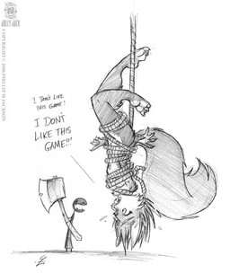 anthro axe bdsm bondage bound feet female fur hair holding_object holding_weapon melee_weapon nude rope soles solo submissive submissive_female tail text upside_down weapon conditional_dnp jollyjack sequential_art jack_(sequential_art) scarlet_(sequential_art) denizen eurasian_red_squirrel mammal rodent sciurid tree_squirrel english_text monochrome reaction_image