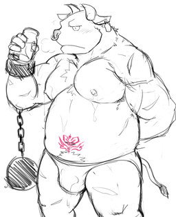 anthro belly blush bound bulge chain chained clothing horn kemono male moobs navel nipples overweight overweight_anthro overweight_male simple_background solo tattoo underwear wet white_background womb_tattoo shiike999 bovid bovine cattle mammal 2020 hi_res