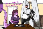 alcohol anthro beak belly beverage big_belly bodily_fluids breasts cleavage clothed clothing container cup drinking_glass dripping duo eyelashes feathered_wings feathers female fin genital_fluids genitals gills glass glass_container glass_cup maid_headdress maid_uniform neck_gills non-mammal_breasts plate pregnant pregnant_anthro pregnant_female purple_body pussy pussy_juice_drip shirt t-shirt tail tail_fin topwear uniform vaginal_fluids white_body white_feathers wine wine_glass wings goldengryphon anatid anseriform anserinae avian bird fish marine shark swan