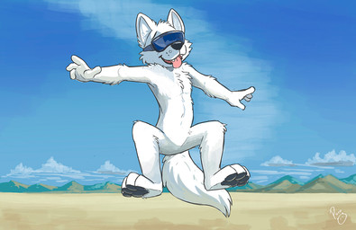 anthro arm_tuft black_nose black_pawpads blue_sky chest_tuft eyewear featureless_crotch fur goggles head_tuft logo male nude obscured_eyes open_mouth outside pawpads pink_tongue shoulder_tuft sky solo tongue tongue_out tuft white_body white_fur young young_anthro young_male pandapaco canid canine mammal artist_logo signature