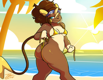 anthro beach big_butt bikini blue_eyes breasts butt clothing female gold_bikini solo swimwear two-piece_swimsuit prate-dragon golden_week nintendo pokemon rika_(prate) alolan_form alolan_raichu generation_7_pokemon pokemon_(species) regional_form_(pokemon) hi_res