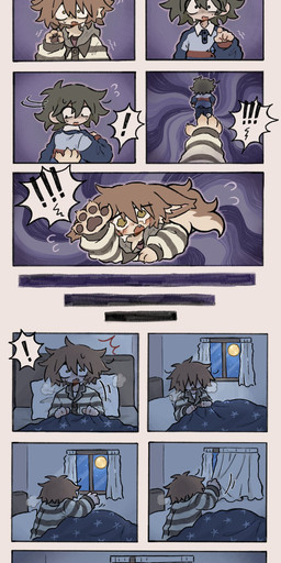 anthro bedroom black_hair bodily_fluids brown_eyes brown_hair clothed clothing crying curtains dream duo exclamation_point fully_clothed fur hair hoodie inside light_body light_skin lying male moon nightmare pattern_clothing pattern_topwear purple_background scared shaking simple_background standing striped_clothing striped_topwear stripes sweater tan_body tan_fur tears topwear under_blanket under_covers waking_up kopeni_ko mythology canid canine human mammal mythological_canine mythological_creature werecanid werecanine werecreature werewolf absurd_res colored comic hi_res