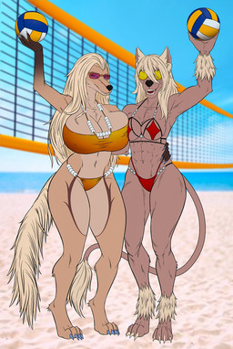 4_toes 5_fingers abs anthro athletic athletic_anthro athletic_female ball beach big_breasts bikini bikini_bottom bikini_top blonde_hair breasts cleavage clothed clothed_anthro clothed_female clothing duo eyewear feet female fingers fur hair hairless hindpaw humanoid_hands navel net paws sand sea smile standing sunglasses swimwear tan_body tan_fur teeth toes two-piece_swimsuit volleyball_(ball) volleyball_net water white_hair unknown_artist celine_(stormwx_wolf) sixty afghan_hound canid canine canis chinese_crested_dog domestic_dog hairless_dog hunting_dog mammal sighthound toy_dog