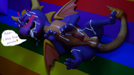 balls blush bodily_fluids claws cum cum_in_ass cum_in_mouth cum_inside cum_on_balls cum_on_body cum_on_face dialogue feral genital_fluids genitals horn male penis purple_eyes solo speech_bubble tail tongue tongue_out wings lewdview colonelyobo_(modeler) activision mythology spyro_the_dragon spyro dragon mythological_creature mythological_scalie scalie absurd_res hi_res