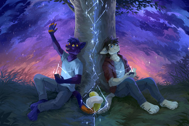 anthro arm_tuft black_hair blue_eyes blue_hair blue_sclera bottomwear cellphone cheek_tuft chest_tuft clothed clothing cloud duo elbow_tuft electronics facial_tuft fangs fur grass grey_bottomwear grey_clothing grey_pants hair happy holding_cellphone holding_object holding_phone holding_smartphone looking_up male messy_hair multicolored_eyes night open_mouth open_smile orange_eyes outside pants phone plant purple_body purple_fur shirt short_hair sitting sky smartphone smile star t-shirt tan_body tan_fur teeth three-quarter_view topwear tree tuft two_tone_eyes unsigned white_clothing white_shirt white_t-shirt white_topwear yellow_eyes corzh77 domestic_cat felid feline felis mammal absurd_res hi_res