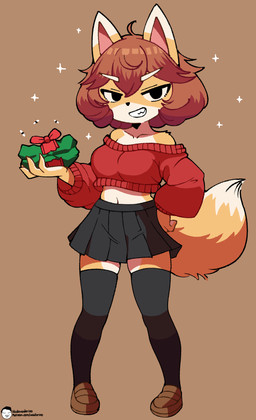 anthro biped black_bottomwear black_clothing black_eyes black_legwear black_nose black_skirt black_thigh_highs bottomwear breasts brown_clothing brown_footwear brown_shoes clothed clothed_anthro clothed_female clothing dipstick_ears dipstick_tail ear_markings eyebrows female female_anthro footwear fur gift gift_bow hair hand_on_hip holding_object legwear looking_at_viewer markings midriff multicolored_body multicolored_ears multicolored_fur multicolored_tail navel orange_body orange_fur orange_tail pink_inner_ear pointy_ears red_clothing red_sweater red_topwear shoes shoulderless_sweater simple_background skirt smile smiling_at_viewer solo sparkles sweater tail tail_markings teeth text thigh_highs topwear white_body white_ear_tips white_eyebrows white_fur white_tail_tip voider_(artist) bully_fox canid canine fox mammal 2025 absurd_res artist_name digital_media_(artwork) hi_res url