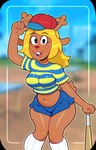 anthro antlers baseball_bat baseball_cap bat_(object) blurred_background bottomwear buckteeth clothed clothing crop_top female freckles hat headgear headwear horn looking_at_viewer midriff shirt shorts solo teeth topwear somescrub deltarune undertale_(series) noelle_holiday deer mammal new_world_deer reindeer absurd_res hi_res