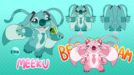4_arms 4_fingers 4_toes antennae_(anatomy) anthro armbands_(marking) big_ears biped claws cute_fangs dotted_background ear_markings electronics evil_grin experiment_pod eyelashes fangs feet female finger_claws fingers front_view fur gradient_background head_tuft holding_microphone holding_object leg_markings long_antennae looking_at_viewer markings microphone multi_arm multi_limb multicolored_antennae necktie_(marking) pattern_background pink_body pink_eyes pink_fur pink_tongue rear_view red_claws red_finger_claws red_nose simple_background small_tail smile socks_(marking) solo star_pupils tail teal_background teal_body teal_claws teal_eyes teal_finger_claws teal_fur teal_nose teeth text toes tongue tuft two_tone_antennae angoraram disney lilo_and_stitch vocaloid yamaha_corporation fan_character hatsune_miku meeku_(staticpegasus) alien experiment_(lilo_and_stitch) 2025 character_name english_text hi_res model_sheet