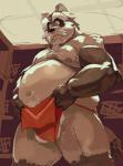 anthro asian_clothing balls barely_visible_balls barely_visible_genitalia belly brown_body brown_fur clothing east_asian_clothing fundoshi fur genitals japanese_clothing male moobs navel nipples overweight overweight_anthro overweight_male solo underwear motogen canid canine mammal raccoon_dog tanuki 2015