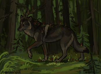 ambiguous_feral ambiguous_gender antlers black_body black_fur black_nose black_tail blue_eyes cheek_tuft dipstick_tail facial_tuft feral fungus fur glistening glistening_eyes grass grey_body grey_fur grey_tail horn markings mouth_closed mushroom neck_tuft outside plant side_view solo tail tail_markings tree tuft whiskers heatherwolf canid canine canis elemental_creature flora_fauna hybrid mammal wolf detailed hi_res