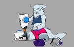 annoyed anthro clothing empty_eyes fur machine male narrowed_eyes prosthetic prosthetic_leg prosthetic_limb protogen_visor simple_background solo squint tail underwear white_body white_fur white_tail gatotacato slushie_(gatotacato) protogen digital_media_(artwork)