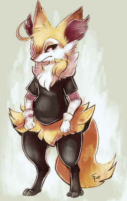 anthro clothed clothing digitigrade fur gloves handwear male red_body red_fur shirt simple_background solo topwear white_body white_fur yellow_body yellow_fur spacesmilodon nintendo pokemon braixen generation_6_pokemon pokemon_(species) 2015 absurd_res hi_res