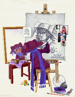 amber_eyes ambiguous_gender anthro blue_hair book brush canvas clothed clothing drawing furniture hair humor light_bulb long_sleeves looking_at_viewer mirror oversized_clothing paintbrush reflection scarf self_portrait simple_background sitting solo stool text white_background young avolicis oneshot niko_(oneshot) domestic_cat felid feline felis mammal 2025 absurd_res alternate_version_at_source artist_name digital_media_(artwork) hi_res meme pixel_(artwork)
