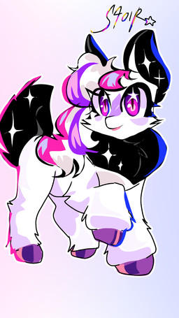 black_ears black_tail eyelashes female female_feral feral fur gradient_background hair hooves lips multicolored_hair neck_tuft pink_eyes pink_lips purple_hooves simple_background smile solo sparkles standing tail text tuft white_body white_fur young young_female young_feral loshata fluffy_pony star_(loshata) fluffy_pony_(species) mammal 2023 9:16 cel_shading character_name digital_media_(artwork) hi_res russian_description shaded