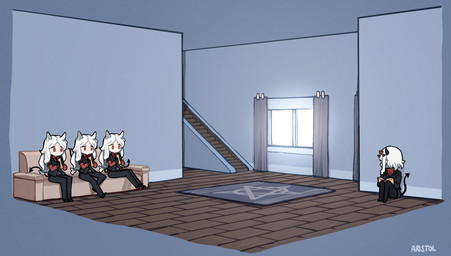 black_horn book bottomwear carpet clothed clothing curtains eating female food group hair heart_eyes heart_symbol holding_food holding_object horn inside long_hair necktie pancake pants red_eyes shirt sitting spade_tail stairs sweater tail topwear turtleneck vest white_body white_hair white_skin window aristol helltaker cerberus_(helltaker) modeus_(helltaker) animal_humanoid canid canid_humanoid canine canine_humanoid demon demon_humanoid dog_humanoid humanoid mammal mammal_humanoid 2020 hi_res signature