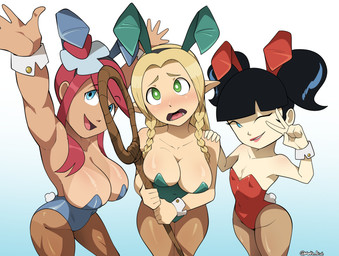big_breasts black_hair blonde_hair blue_clothing blue_eyes blue_leotard blush braided_hair breasts brown_clothing brown_legwear brown_tights bunny_costume clothing costume cuffs_(clothing) dark_body dark_skin eyelashes fake_ears fake_rabbit_ears fake_rabbit_tail fake_tail female flat_chested front_view gesture green_clothing green_eyes green_leotard group gym_leader hair hand_gesture hand_on_shoulder holding_object holding_staff humanoid_pointy_ears legwear leotard long_hair looking_at_viewer navel_outline one_eye_closed open_mouth open_smile pigtails pink_hair pointy_ears red_clothing red_leotard smile staff suntan tan_body tan_line tan_skin tights trio v_sign wink winking_at_viewer monke_brush delicious_in_dungeon nintendo pokemon xiaolin_showdown kimiko_tohomiko marcille_donato skyla_(pokemon) elf human humanoid mammal hi_res