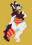 anthro belly belly_folds clown clown_costume clown_nose collar digitigrade male mask multicolored_body paws slightly_chubby slightly_chubby_anthro slightly_chubby_male solo sparklefur fleabag sona_(fleabag) canid dinosaur hybrid mammal prehistoric_species reptile scalie hi_res