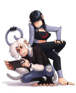 5_fingers 5_toes accessory alternative_fashion anthro arm_tuft bangs barefoot bite biting_lip biting_own_lip black_hair black_nails blue_eyes bottomwear bracelet clothing colored_nails controller crop_top crossed_legs crouching denim denim_bottomwear denim_clothing digit_ring duo ear_piercing elbow_tuft facial_piercing fangs feet female finger_ring fingerless_gloves fingers footwear fur furgonomics game_controller gaming gloves goth grey_body grey_fur hair handwear holding_controller holding_game_controller holding_object jeans jewelry lip_piercing male midriff nails necklace pants piercing prehensile_feet prehensile_tail purple_eyes ring self_bite shirt simple_background sitting sitting_on_another spiked_tailband t-shirt tail tail_accessory tailband teeth toe_ring toeless_footwear toes topwear torn_clothing tuft white_background white_body white_fur white_hair redustheriotact nintendo nintendo_switch beth_(redustheriotact) matt_(turtleofpotato) haplorhine mammal monkey primate 2022 hi_res