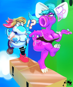 after_transformation belly big_belly block blue_body blue_hair blue_scales blush breasts clothing cloud duo female fiery_hair footwear hair heart_symbol jiggling mid_transformation nipples non-mammal_breasts non-mammal_nipples pink_body pink_scales ring scales shoes slightly_chubby snout tail thick_tail thick_thighs transformation wardrobe wardrobe_malfunction wide_hips acutegabby mario_bros nintendo fan_character siphon birdo dinosaur prehistoric_species reptile scalie yoshi hi_res