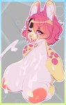 anthro areola big_areola big_breasts bodily_fluids breasts cum cum_on_face female genital_fluids hair huge_breasts nipples pink_hair solo tongue tongue_out yellow_body higgyy lyra_(senjuu) felid feline mammal serval 2023 hi_res