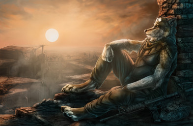 4_toes 5_fingers brown_body brown_fur clothed clothing day detailed_background digitigrade feet fingers fur grey_body grey_fur gun outside ranged_weapon sitting sky solo sun toes weapon wolfroad canid canine canis mammal wolf 2017 digital_media_(artwork) hi_res meme_origin