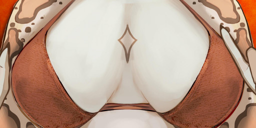 anthro as_above_so_below_pose banner_image bikini bikini_top breasts clothing devil_horns_(gesture) female gesture hand_gesture long_nails markings multicolored_body orange_background palms simple_background slightly_chubby slightly_chubby_female solo spots spotted_body swimwear textured_background topwear two-piece_swimsuit leonovastudio eri_the_shark aquatic fish ground_shark leopard_shark shark triakid hi_res trans_(lore) trans_woman_(lore)