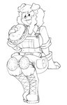 anthro big_breasts blush boots breasts burger clothing combat_boots eating female food footwear gloves handwear knee_pads mechanic shirt shoes simple_background sitting smile solo topwear uniform mcsweezy team_fortress_2 valve audrey_(mcsweezy) engineer_(team_fortress_2) canid canine canis domestic_dog mammal absurd_res hi_res line_art monochrome